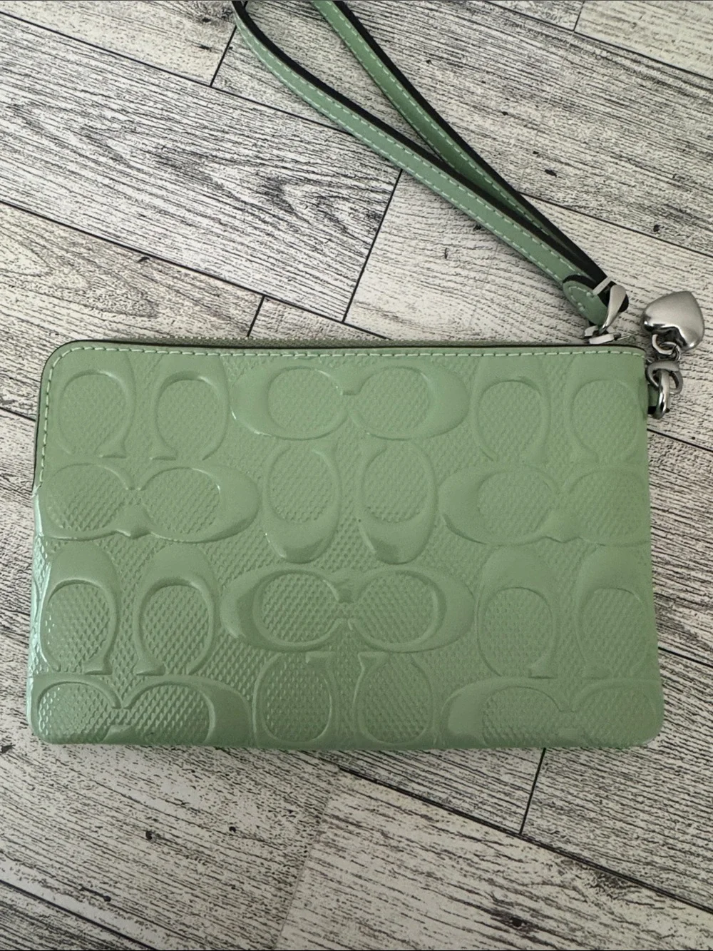 Coach Pale Green Patent Signature Zip Wristlet NWT